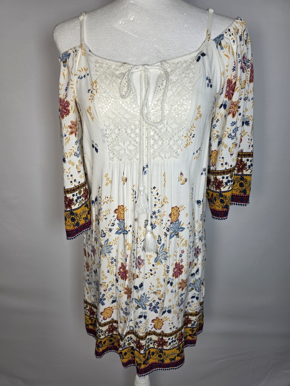 Hem & Thread Boho Floral Dress Cream Lace Tassel Tie Peasant Dress Size S